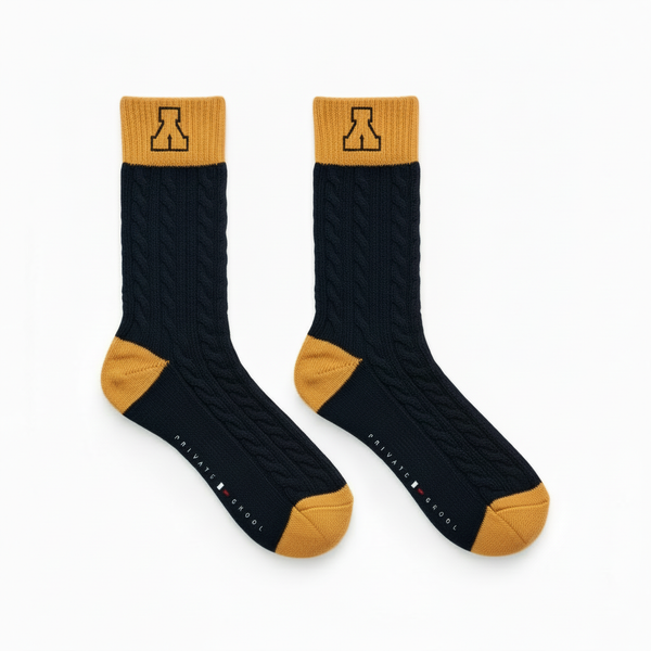 Pryvate Skool Y Cable Knit Socks — Navy/Mustard